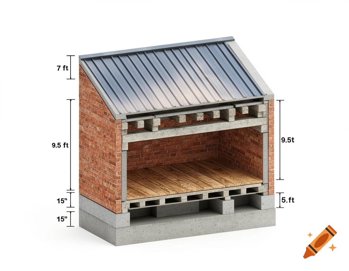 3D architectural cross-section diagram of a brick building with a metal roof, showing foundation, floor, and structural elements with measurements.