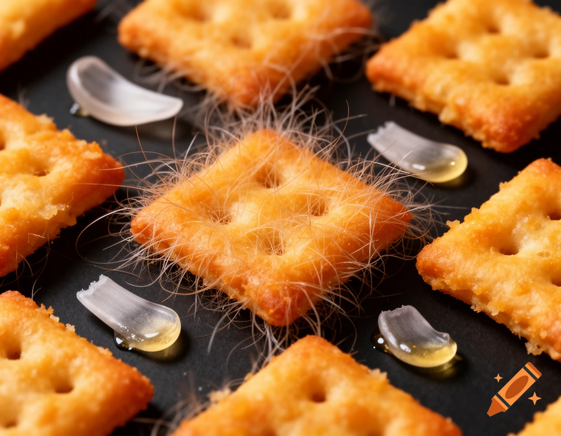 Square crackers covered in fine hair, with white and yellow fingernail-like shards and honey drops on a dark surface.