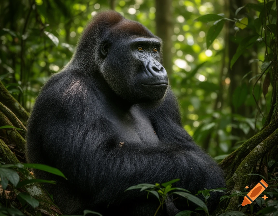 A majestic black gorilla sits amidst lush green jungle foliage, looking into the distance in a photorealistic style.
