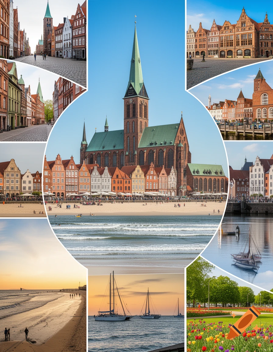 A collage depicting various scenes of Rostock, Germany, including historic buildings, a prominent church, beaches, sailboats, and a park with tulips.