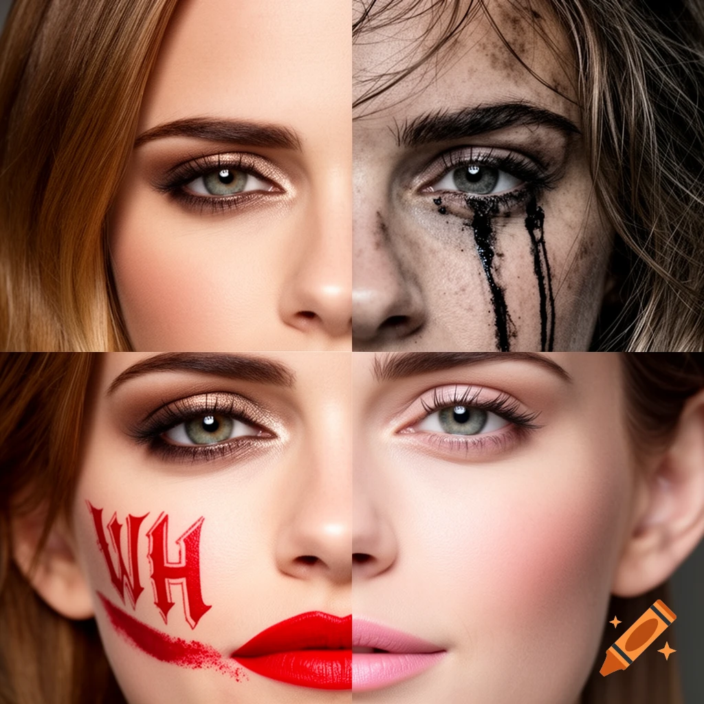A woman's face divided into four quadrants, each showing different makeup: clean, disheveled with running mascara, smeared with red lipstick and "WH" tattoo, and light pink lipstick.