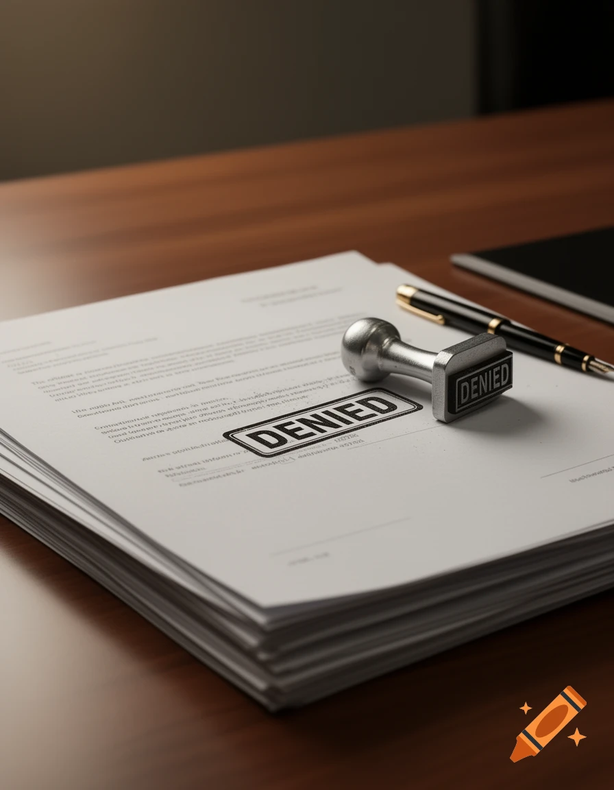 Photorealistic image of a "DENIED" stamp resting on a stack of white papers next to a black and gold pen on a wooden desk.