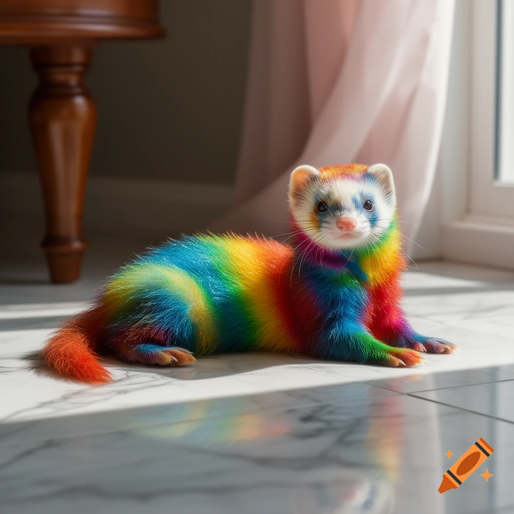 A colorful rainbow-striped ferret lies on a glossy marble floor, bathed in sunshine, with a wooden table leg and sheer curtain in the background.