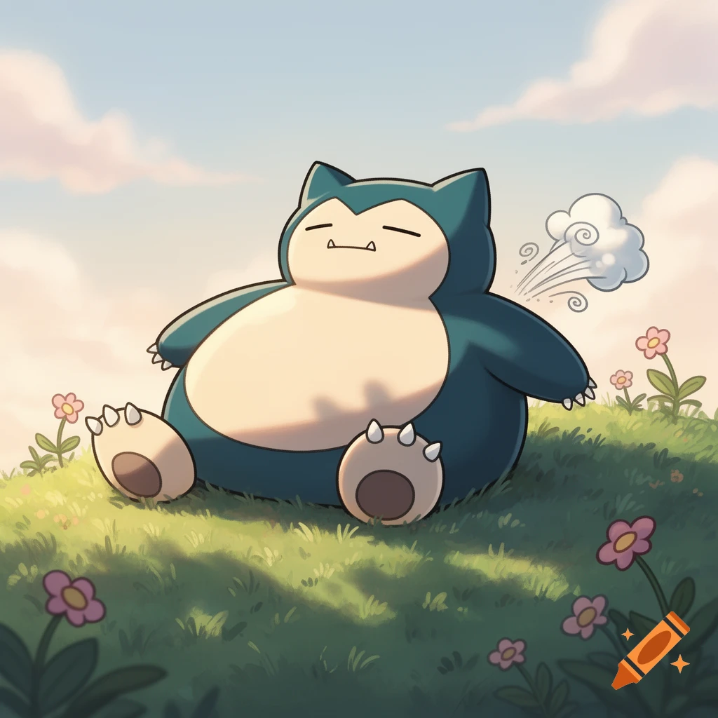 Snorlax, a large blue and cream Pok emon, sits on a grassy hill under a pastel sky, cartoonishly farting.