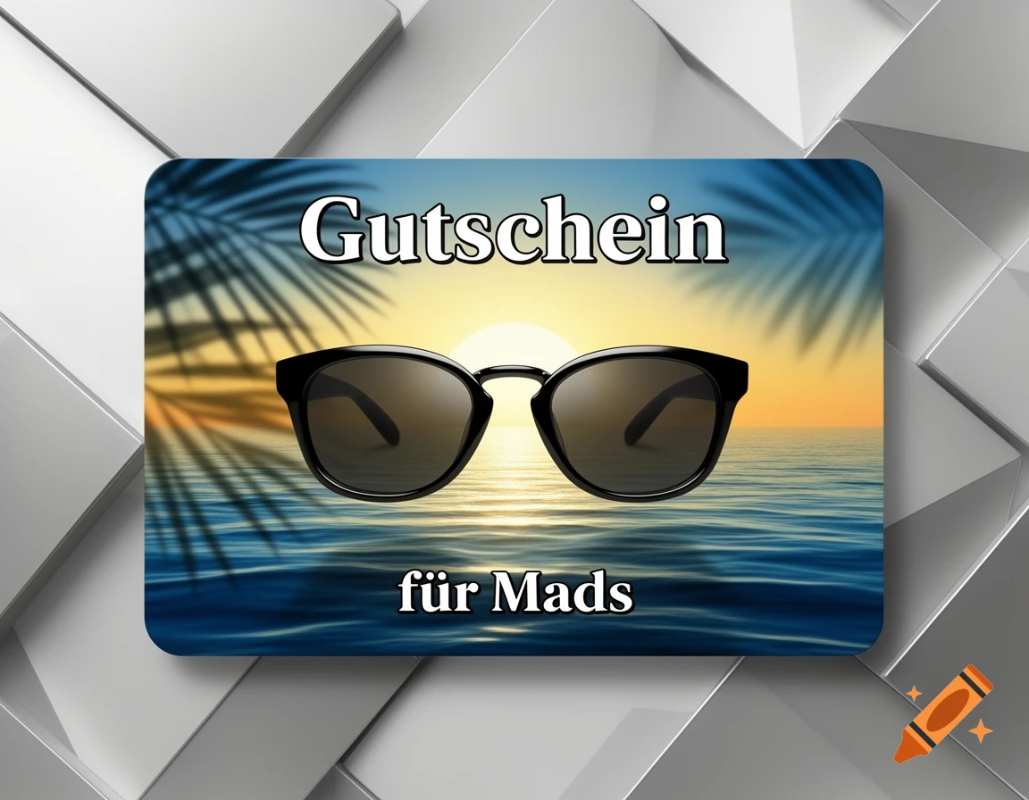 A gift voucher for Mads featuring black sunglasses against a sunset beach scene with palm tree silhouettes and text "Gutschein für Mads".