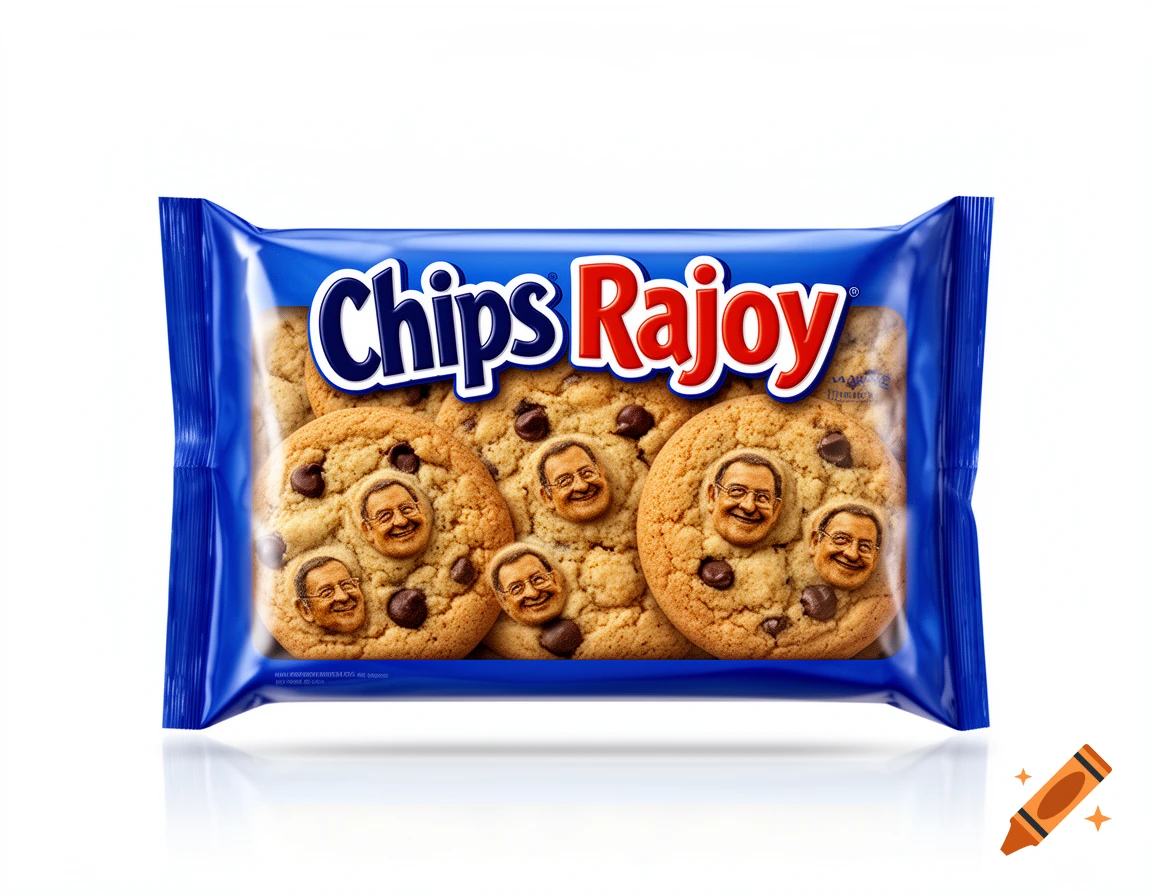 A blue package of 'Chips Rajoy' cookies with Mariano Rajoy's faces instead of chocolate chips.