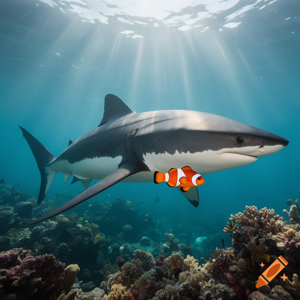 A large great white shark swims through clear blue ocean water above a coral reef, with a small clownfish positioned directly beneath its belly. Sunlight streams down from the surface.