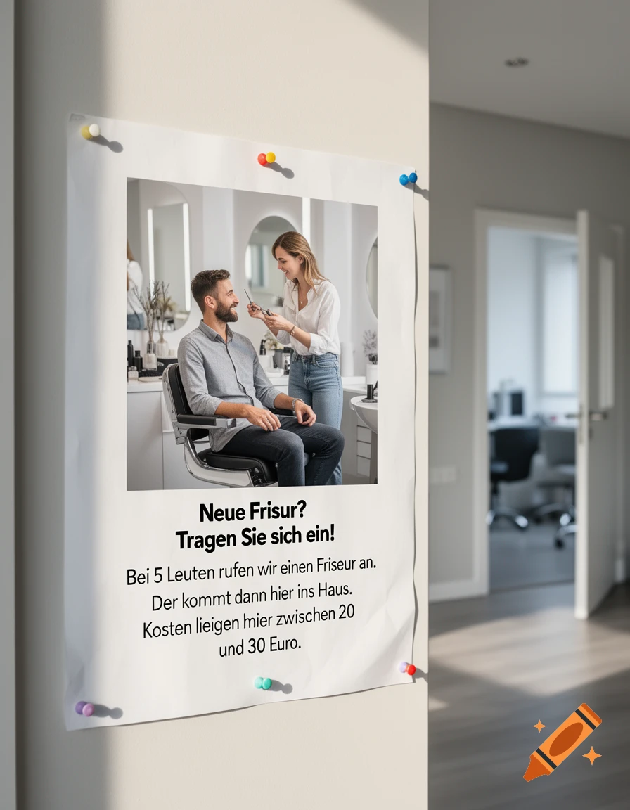 A poster pinned to a wall features a photograph of a man smiling in a barber chair while a woman stylist holds scissors. German text above and below the photo advertises a mobile hairdresser service.
