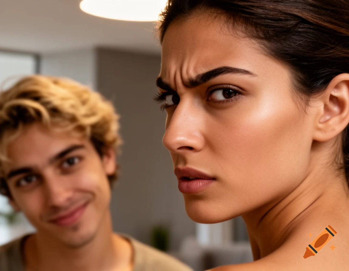 Close-up of a woman with a furrowed brow looking over her shoulder, a smiling man blurred in the background.