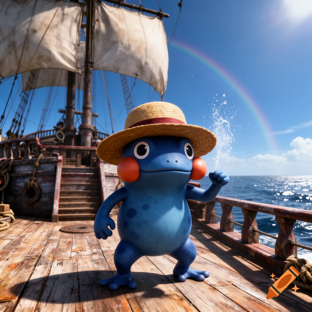 A blue frog-like Croagunk Pokemon wearing a straw hat stands on a wooden pirate ship deck under a blue sky with a rainbow.