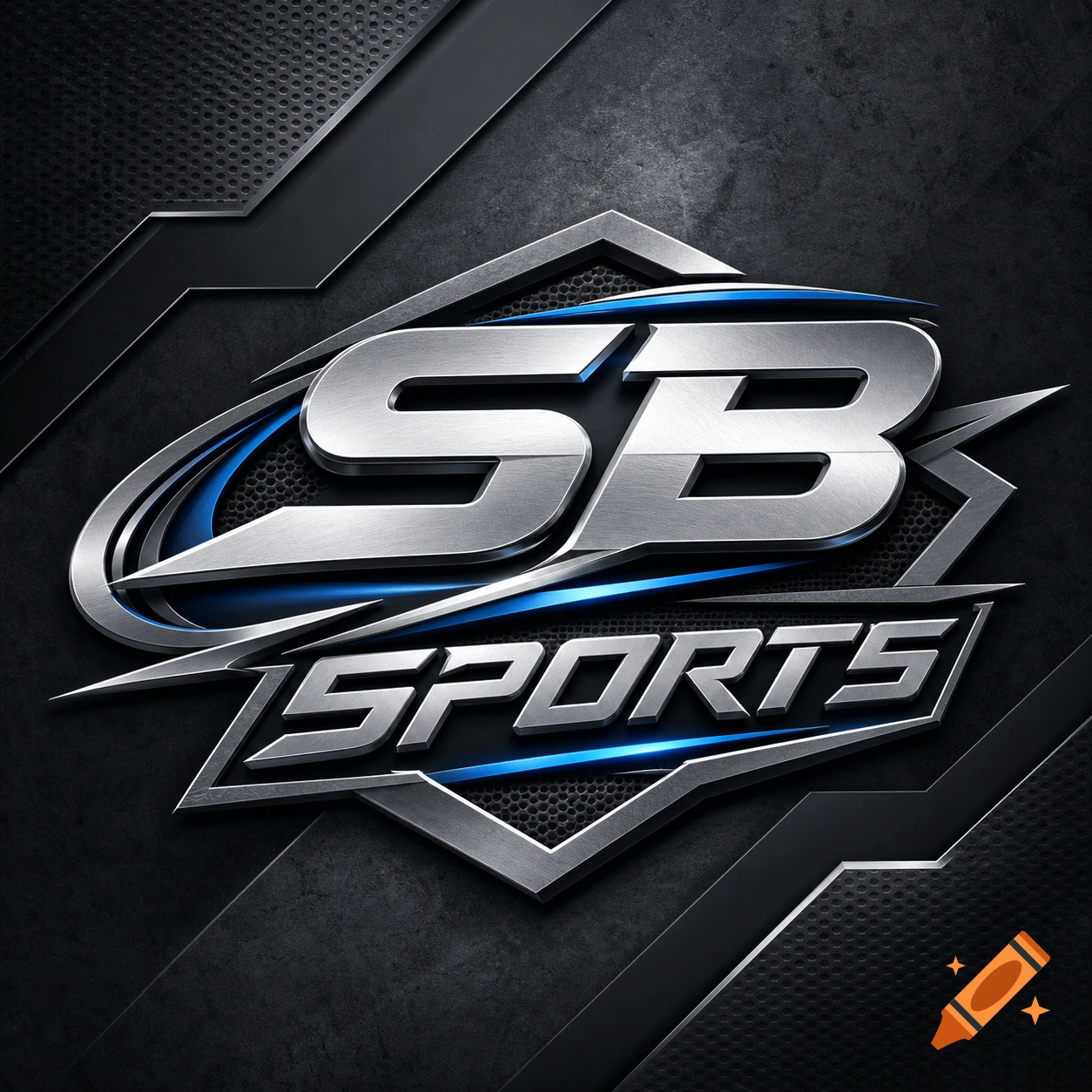 A metallic logo for 'SB Sports' with brushed silver letters, outlined in black and accented with glowing blue lines, set against a dark textured background.