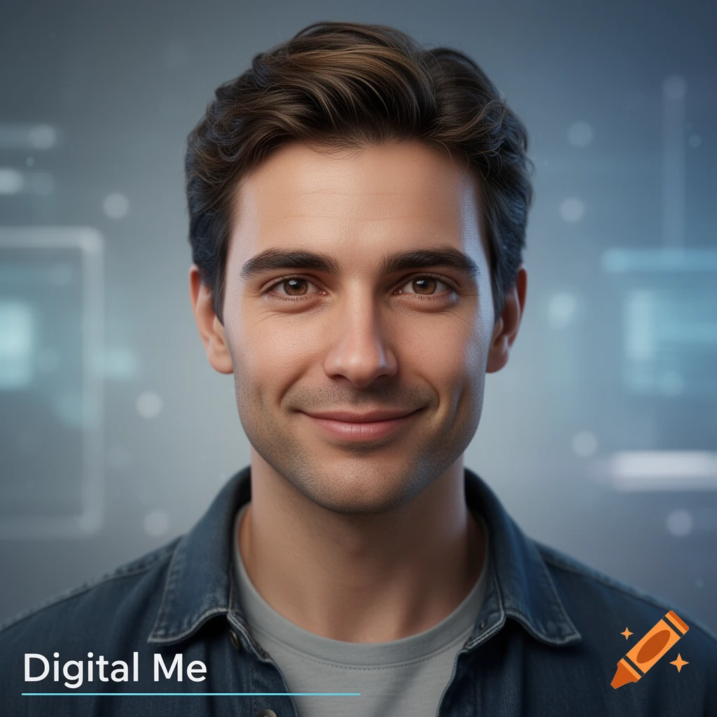 A photorealistic portrait of a smiling man with brown hair against a soft blue digital background, with "Digital Me" text.