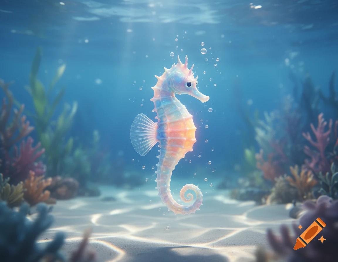 A vibrant, iridescent seahorse with soft pastel colors swims in a clear blue ocean, surrounded by bubbles and sunlit coral.