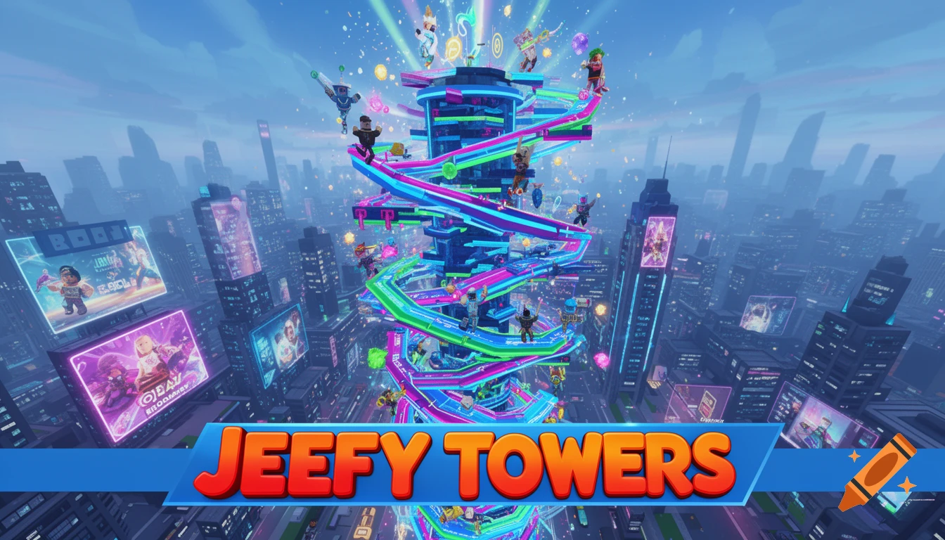A vibrant, futuristic city with a glowing spiral tower, where cartoon characters climb and race, featuring a "JEEFY TOWERS" banner.