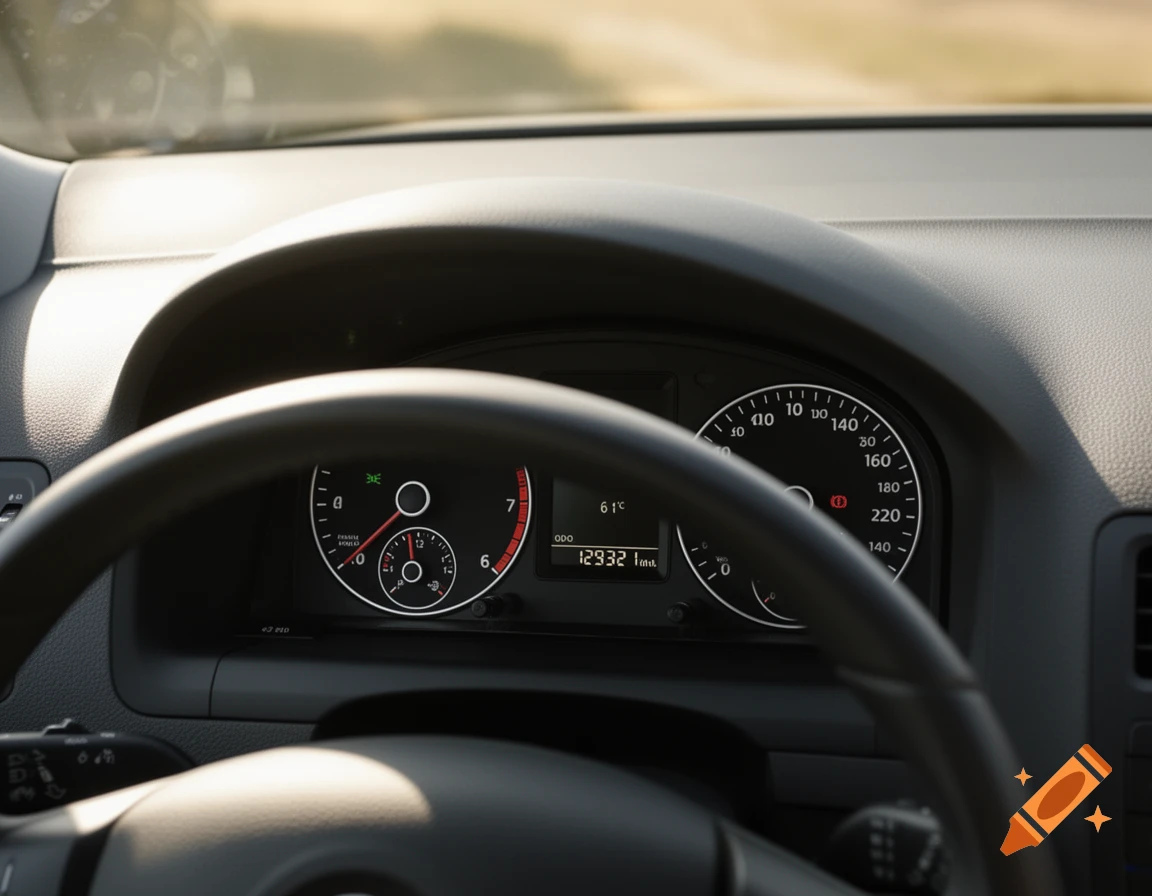 A photorealistic view of a car's dashboard with a steering wheel, gauges, and a digital display showing 610C and 129321 km.