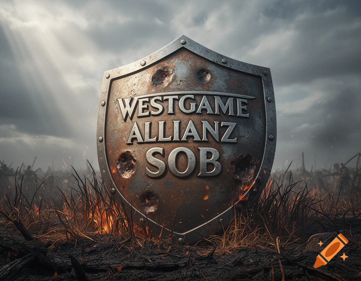A weathered metal shield with 'WESTGAME ALLIANZ SOB' on it stands in a burning battlefield under a dramatic, cloudy sky with sunrays.