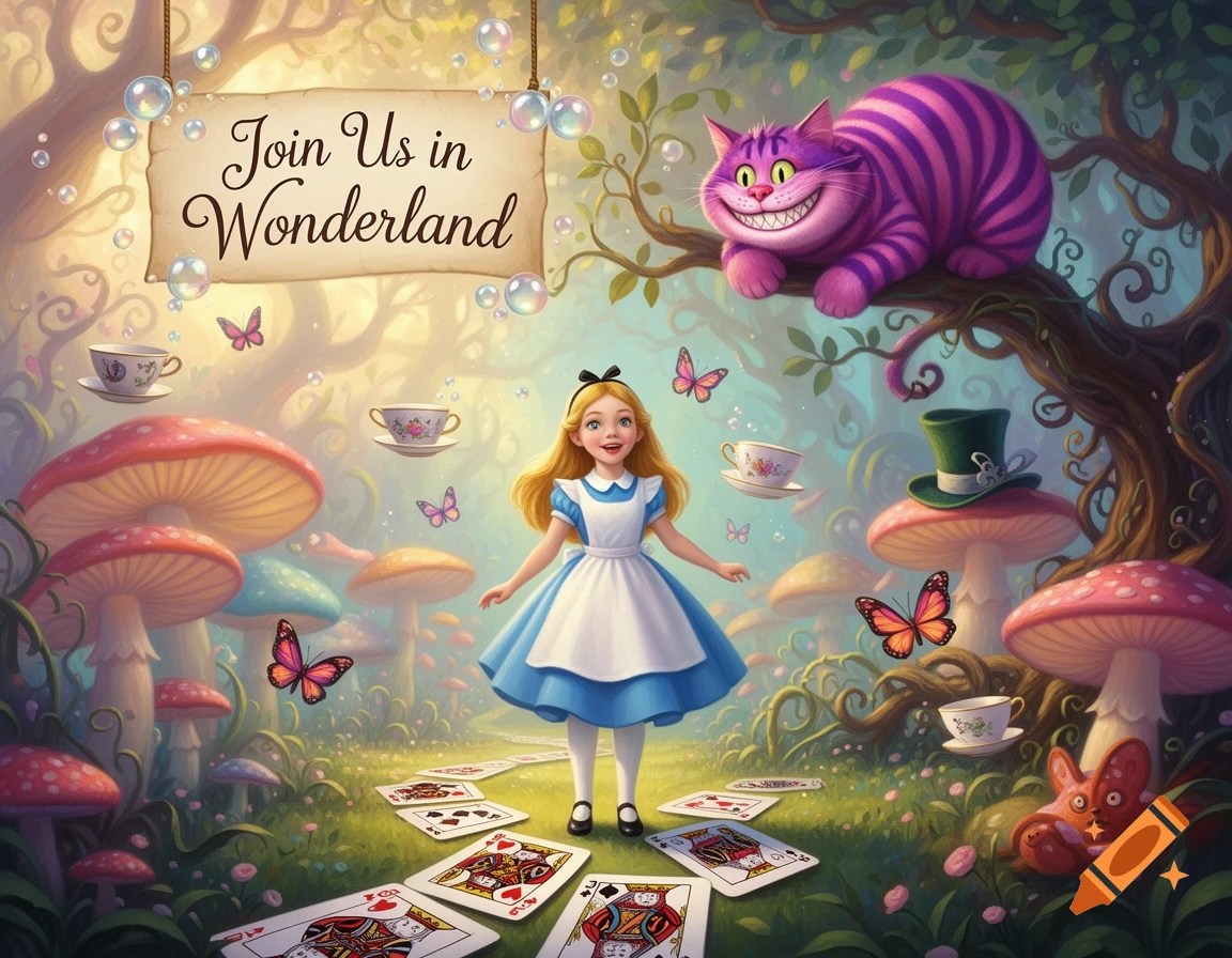 Alice in Wonderland with Alice, the Cheshire Cat, floating teacups, mushrooms, and playing cards on a forest path.