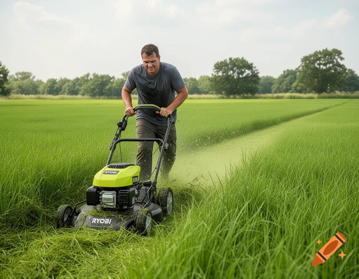 A man mows a vast field of tall green grass with a lime-green and black Ryobi lawnmower under a cloudy sky.