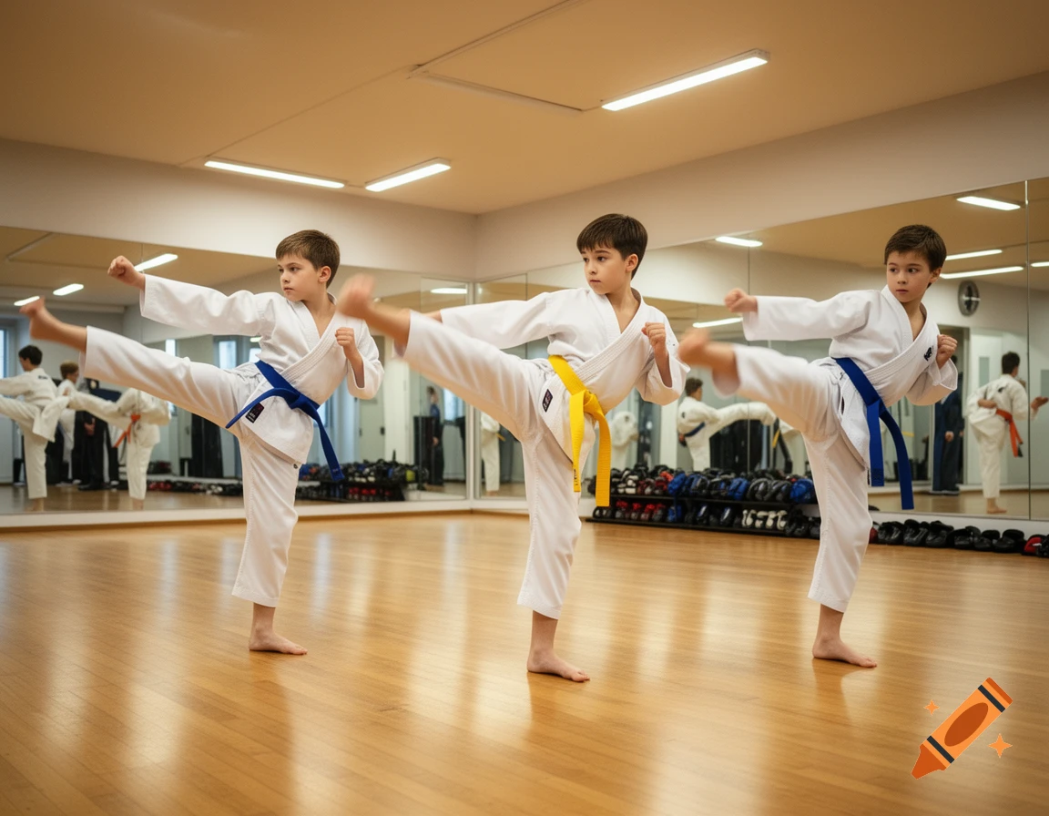 Three young boys in white gis with blue and yellow belts practice karate with high kicks in a mirrored dojo.