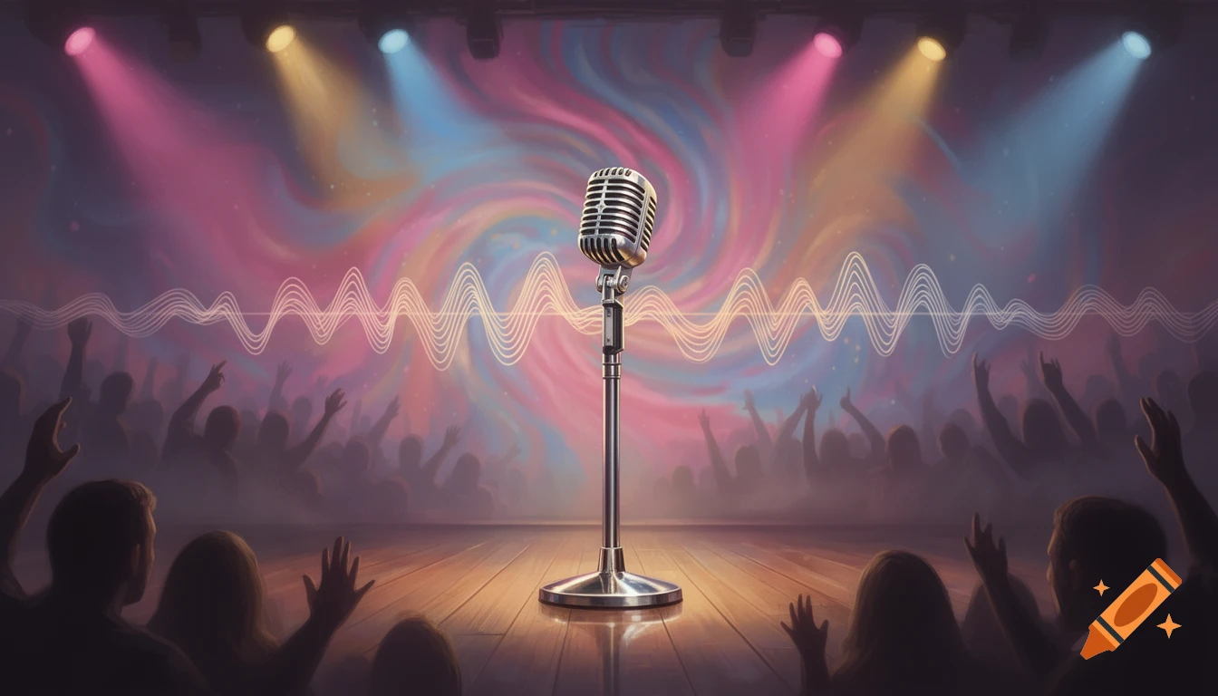 A vintage microphone stands center stage with colorful spotlights, sound waves, and a silhouetted audience raising their hands.