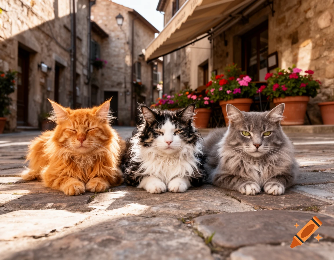 Three fluffy cats, an orange, a black and white, and a gray, lie on a sunlit cobblestone street in an old European town.