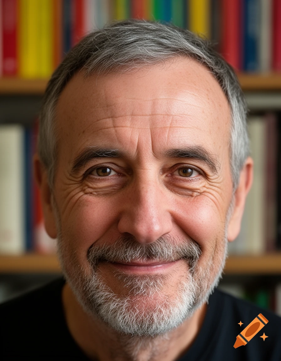 A close-up, photorealistic portrait of a smiling older man with gray hair and a beard, in front of a blurred bookshelf.