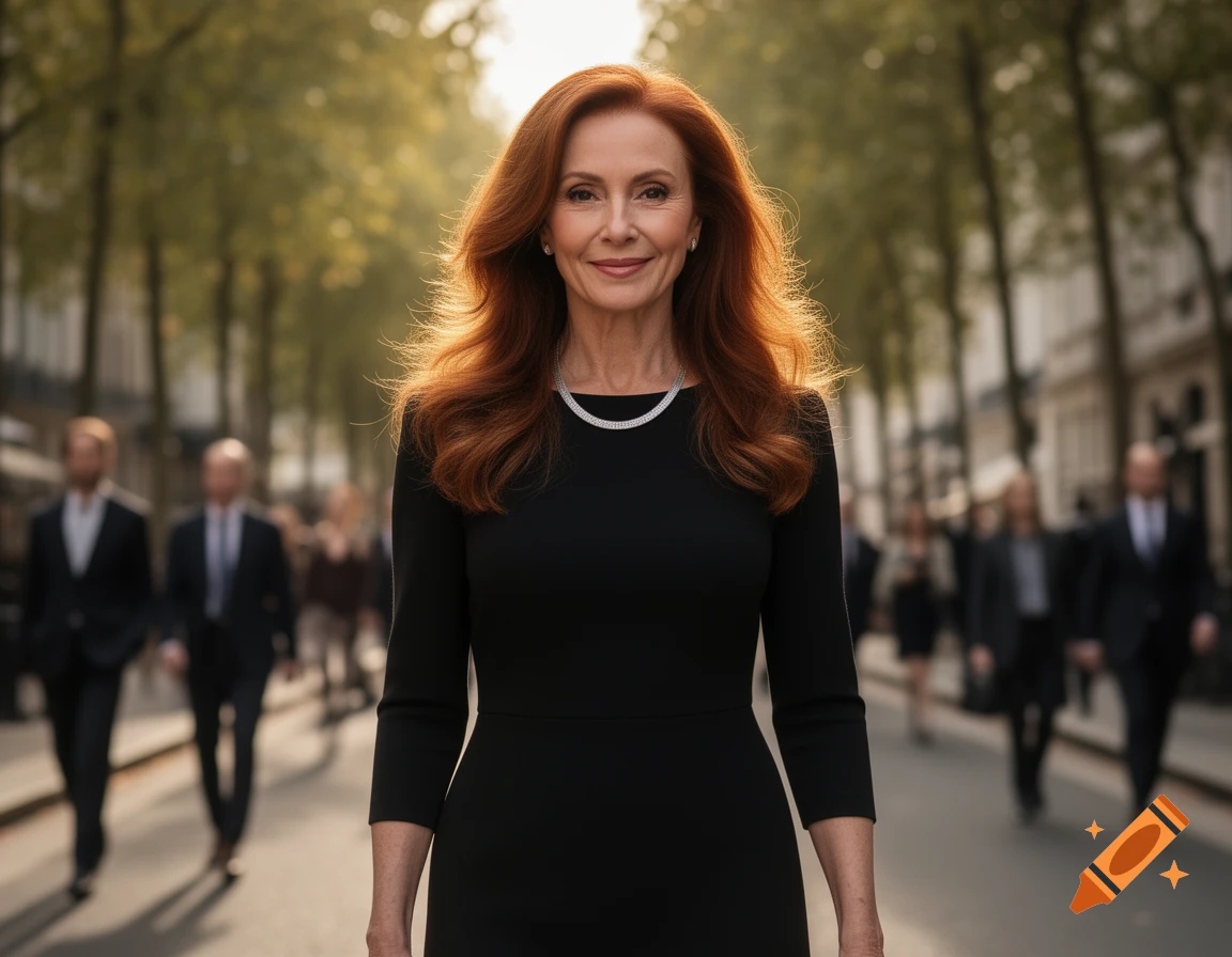 A confident red-haired woman in a black dress smiles at the camera on a tree-lined street, blurred figures in background.