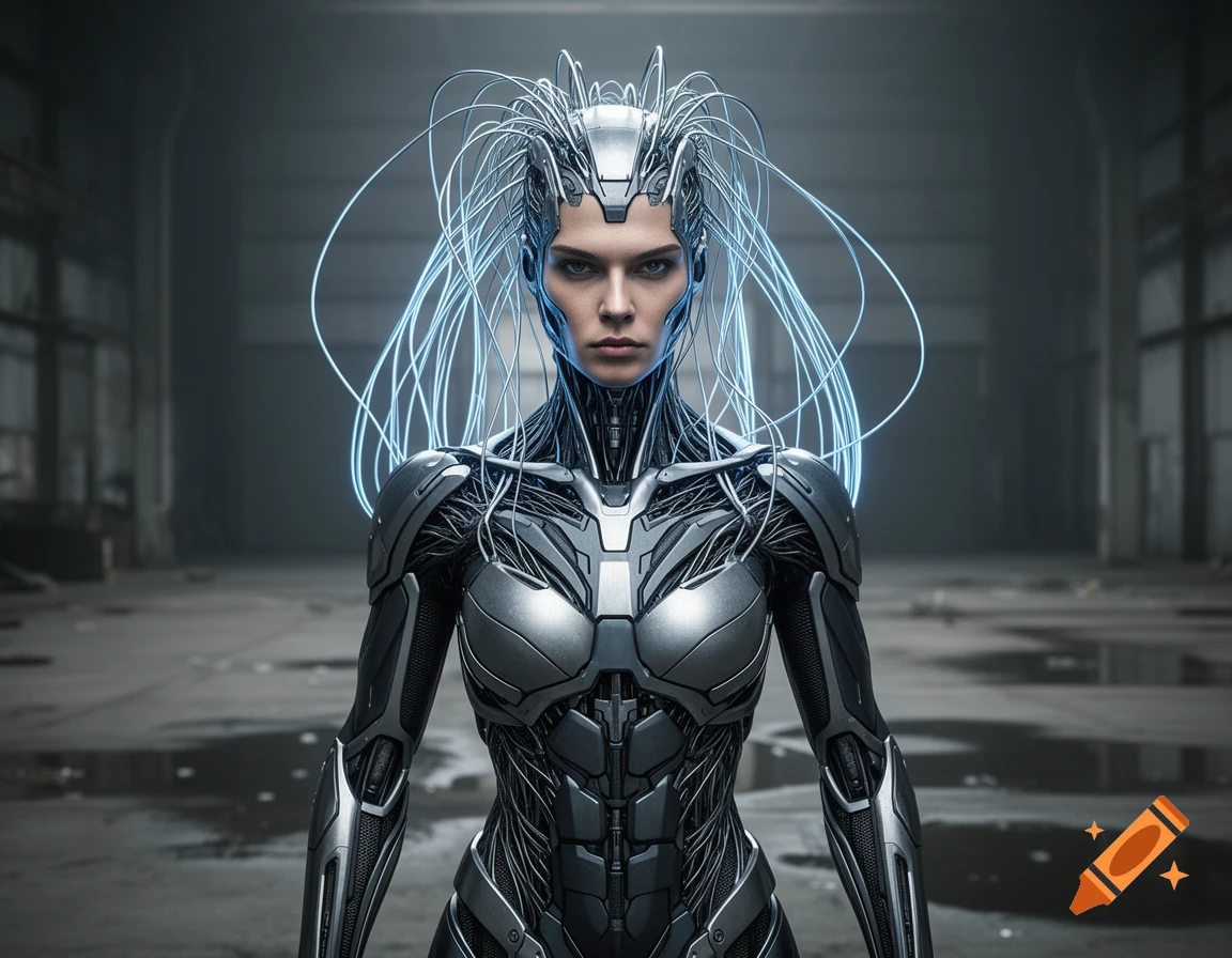 Photorealistic image of a female cyborg with intricate metallic armor and glowing blue wires around her head, standing in a dark industrial setting.