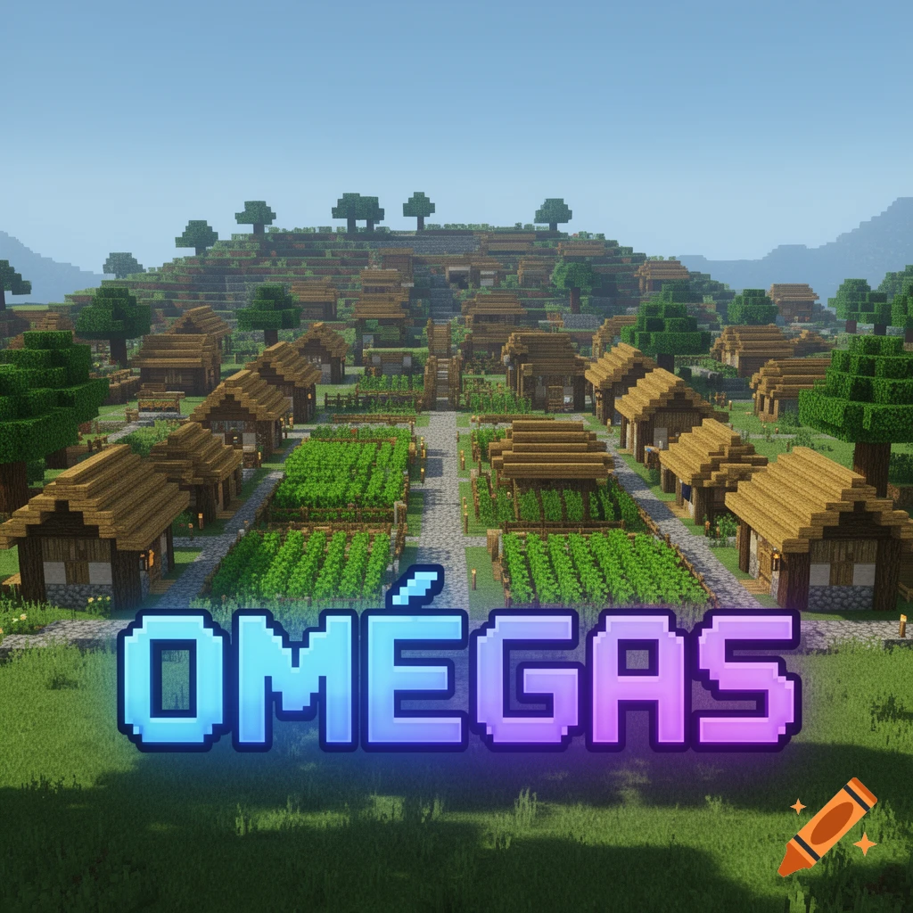 A pixel art Minecraft village on a hill with farms and trees, under a blue sky, with large, glowing, pixelated text "OMÉGAS" in the foreground.