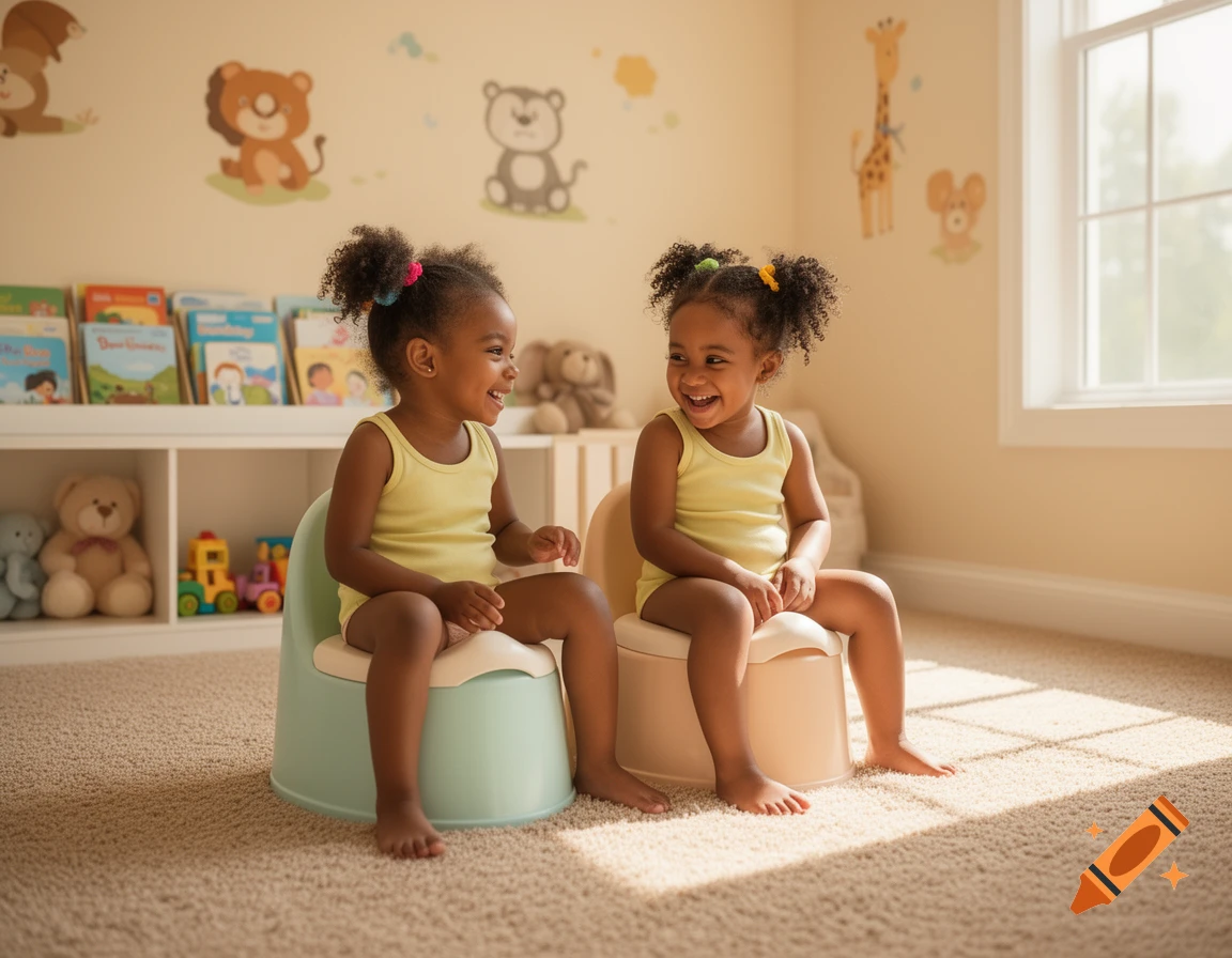 Two smiling young girls in yellow tank tops sit on potty chairs in a bright room with animal wall decals and books.