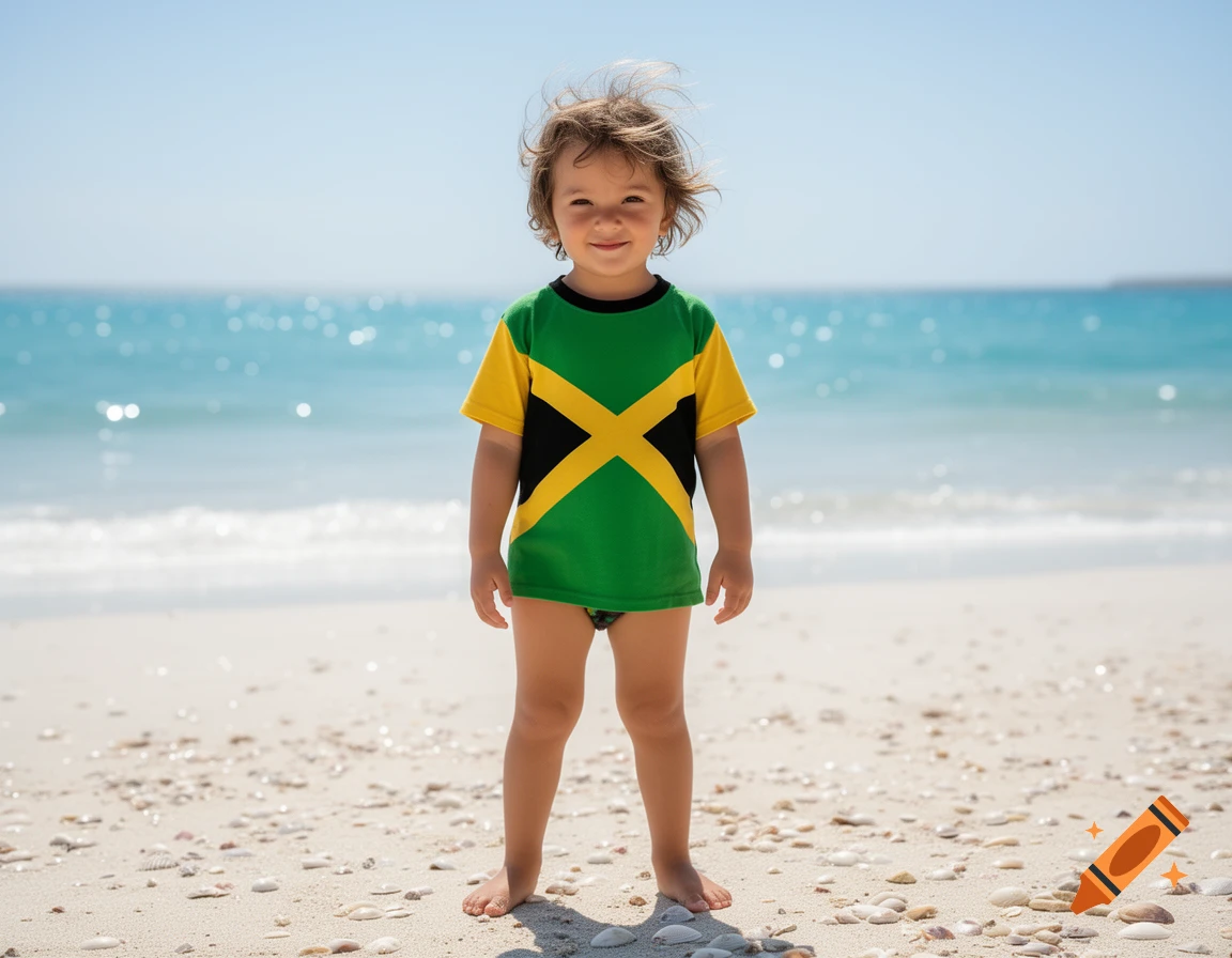 A young child in a Jamaican flag t-shirt stands on a sandy beach with the ocean in the background.