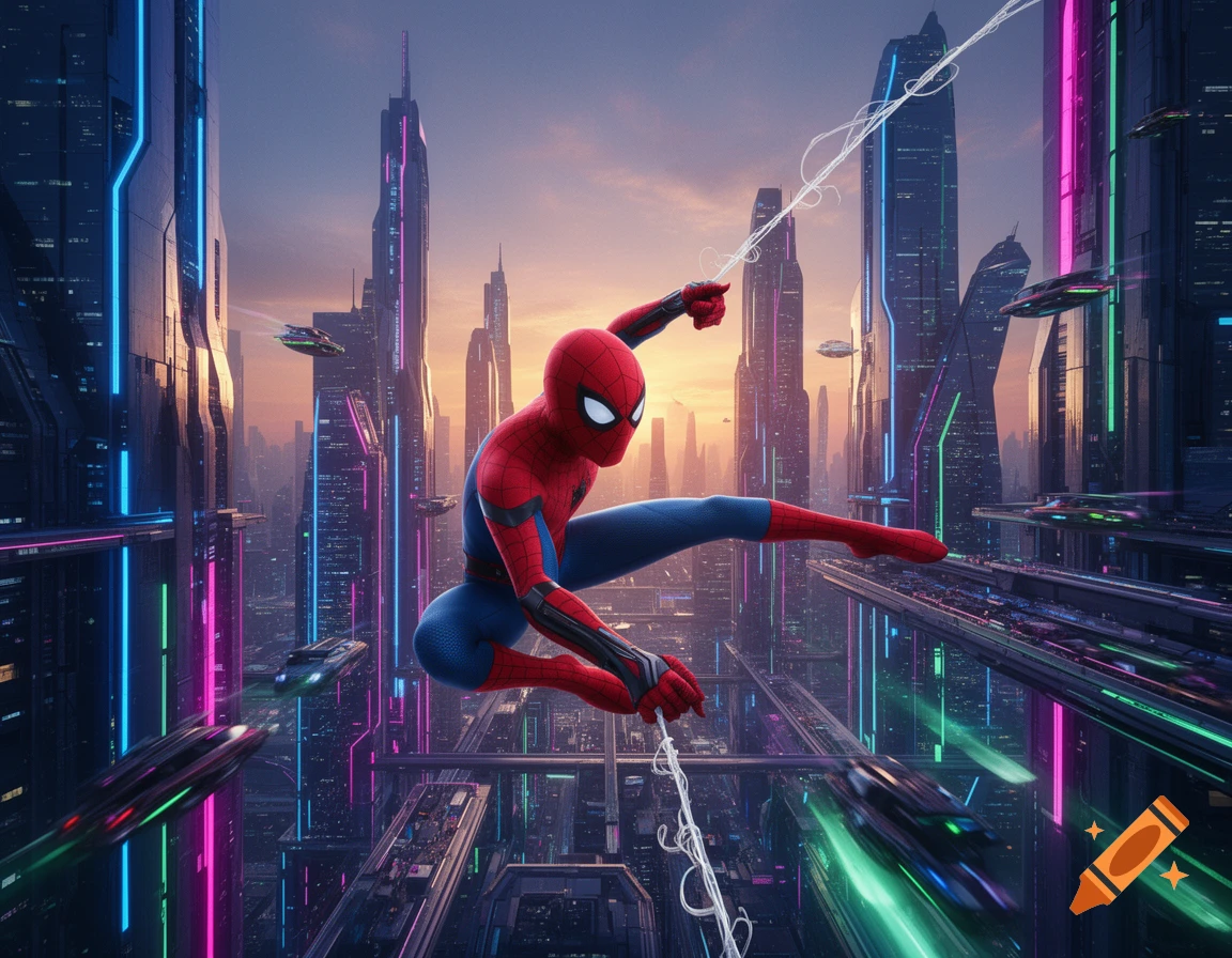 Spider-Man swings through a vibrant, neon-lit futuristic city at sunset, with flying vehicles in the background.