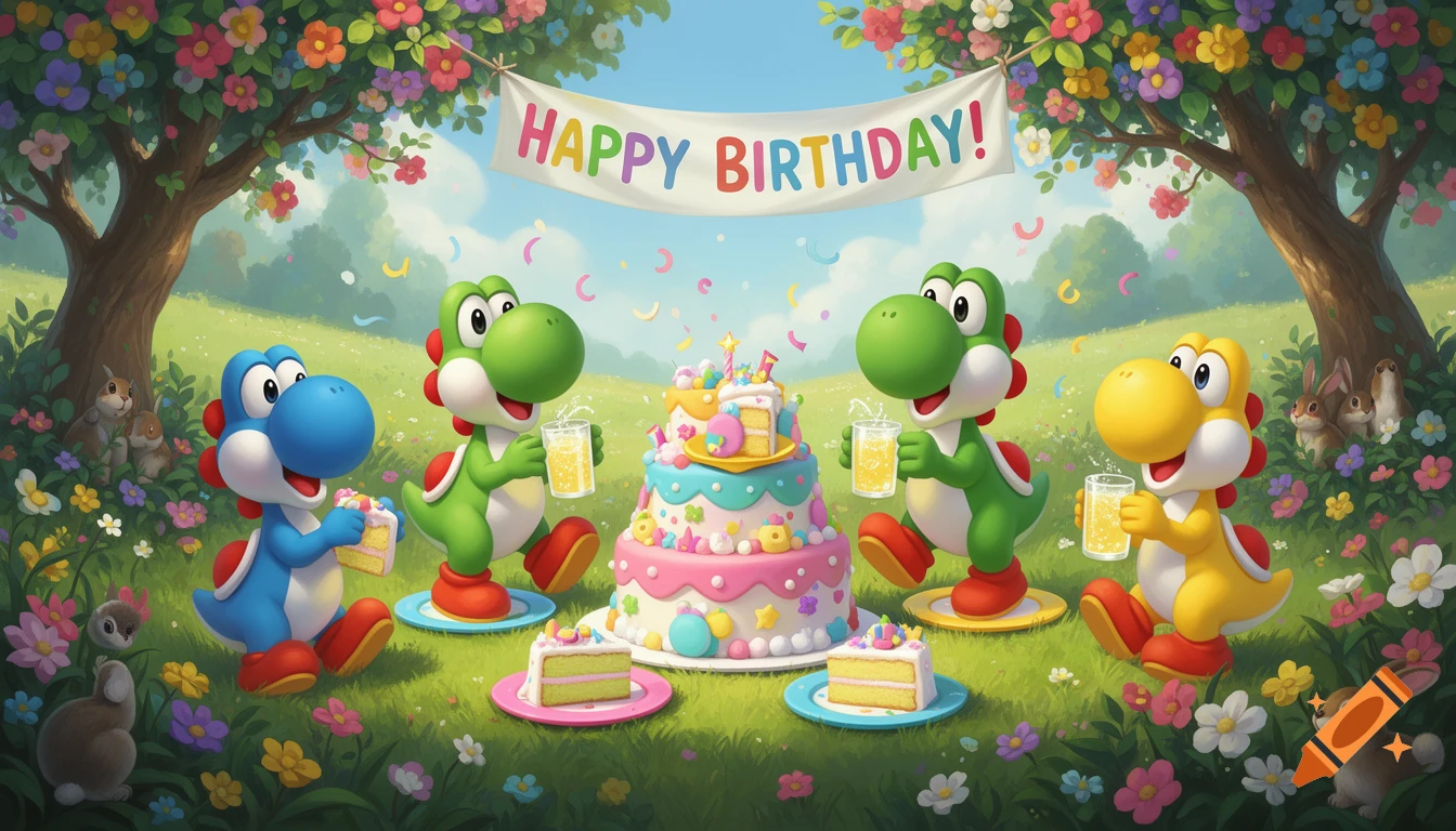 Colorful Yoshi characters celebrating a birthday with cake and lemonade in a vibrant, flowery outdoor setting under a "Happy Birthday" banner.