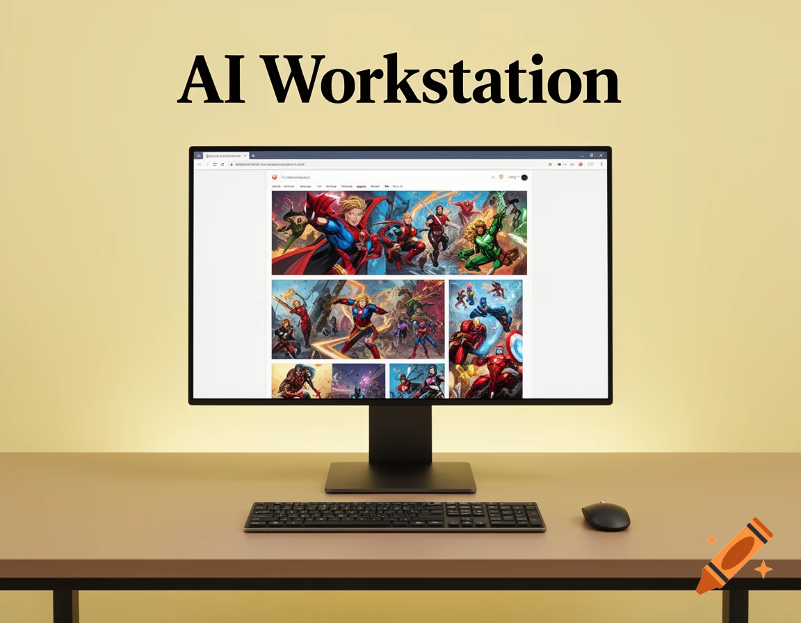 A computer monitor displays superhero artwork on a website, with "AI Workstation" written above it. A keyboard and mouse sit on a tan desk against a yellow background.