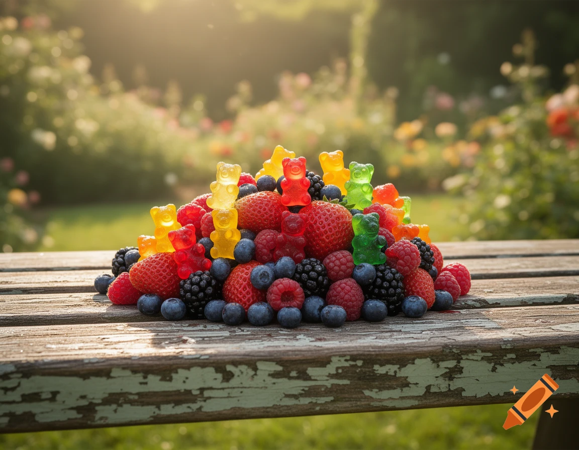 A vibrant pile of colorful gummy bears and fresh mixed berries rests on a rustic wooden bench in a sunlit garden.