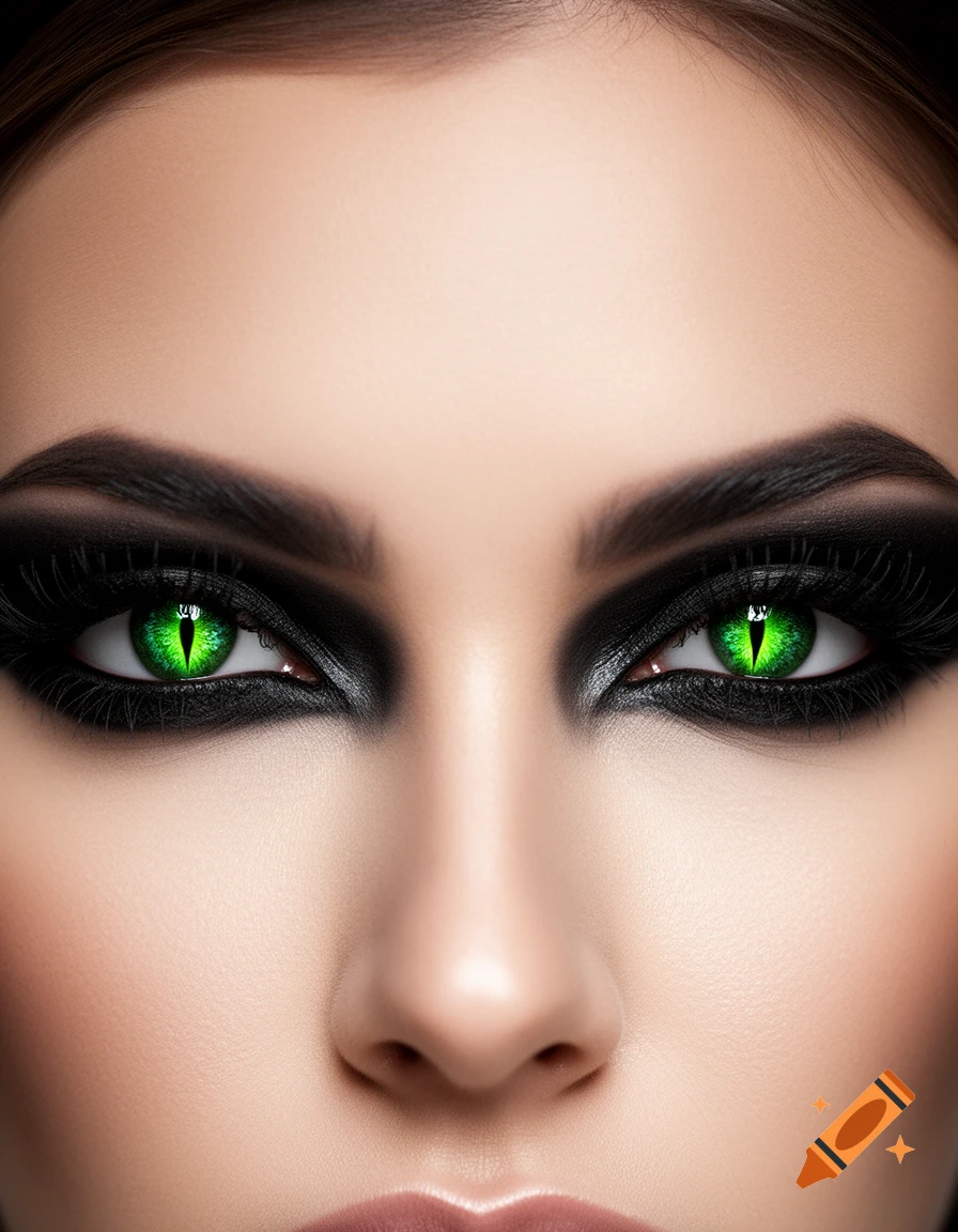 Close-up of a woman's face with heavy black eye makeup and striking green reptilian pupils.