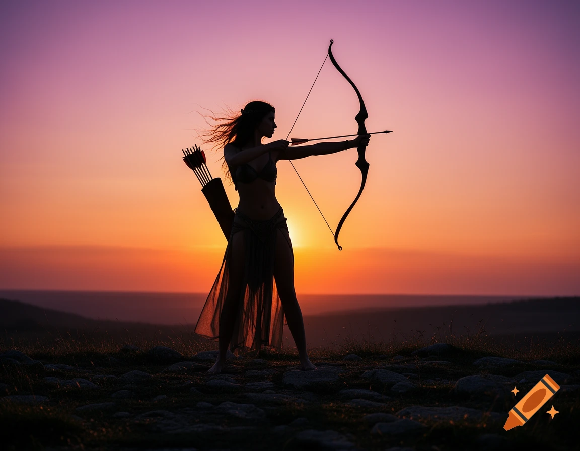 Silhouette of a female archer aiming a bow and arrow against a vibrant sunset sky from a hilltop.