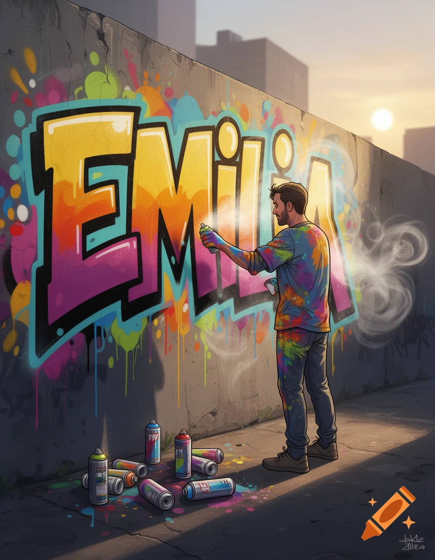 A man spray paints the name 'EMILIA' in colorful graffiti style on an urban wall at sunset, with discarded spray cans on the ground.