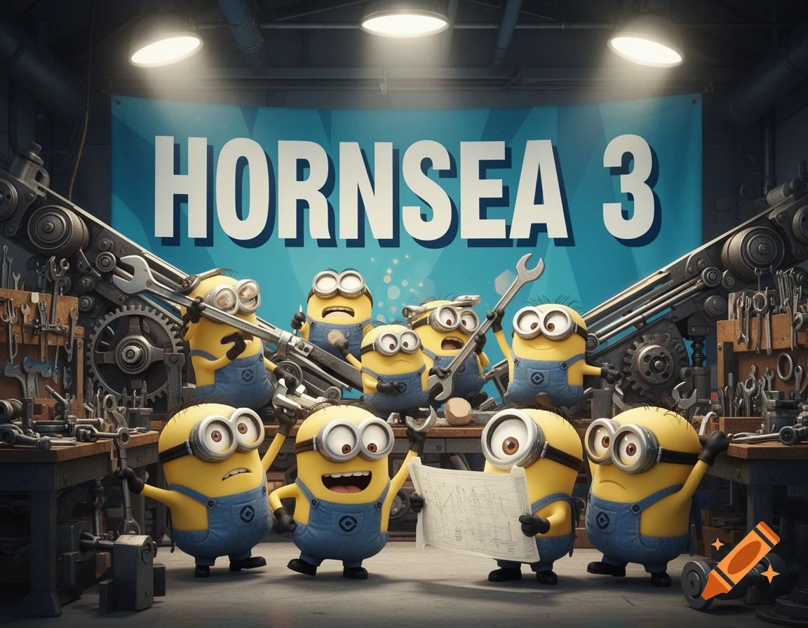Minions in a busy workshop with tools and machinery, standing under a large banner that reads 'HORNSEA 3'.