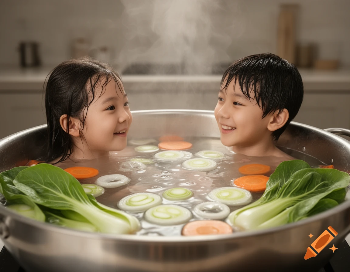 Two smiling children with wet hair are bathing in a steaming hot pot filled with bok choy, carrot slices, and leek slices. Photorealistic.
