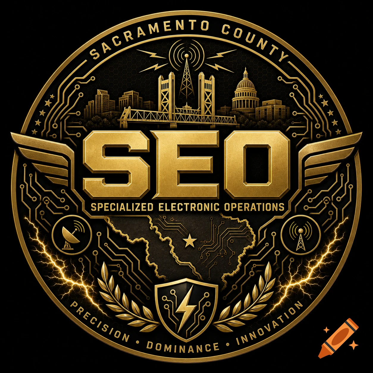 Gold and black military-style logo for Sacramento County SEO, featuring cityscape, circuitry, and electrical symbols.
