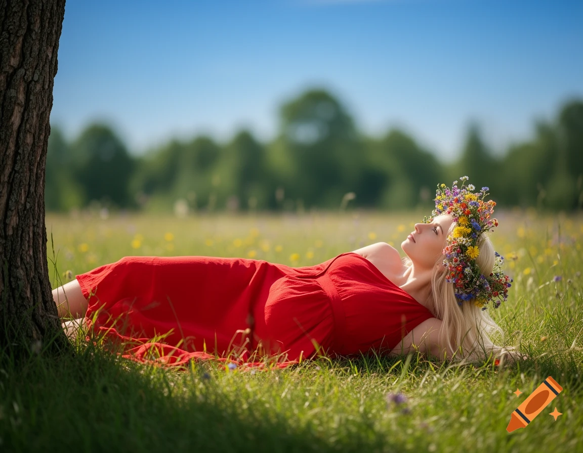 A blonde woman in a red dress lies in a sunny meadow with a flower crown, leaning against a tree, looking up at the sky.