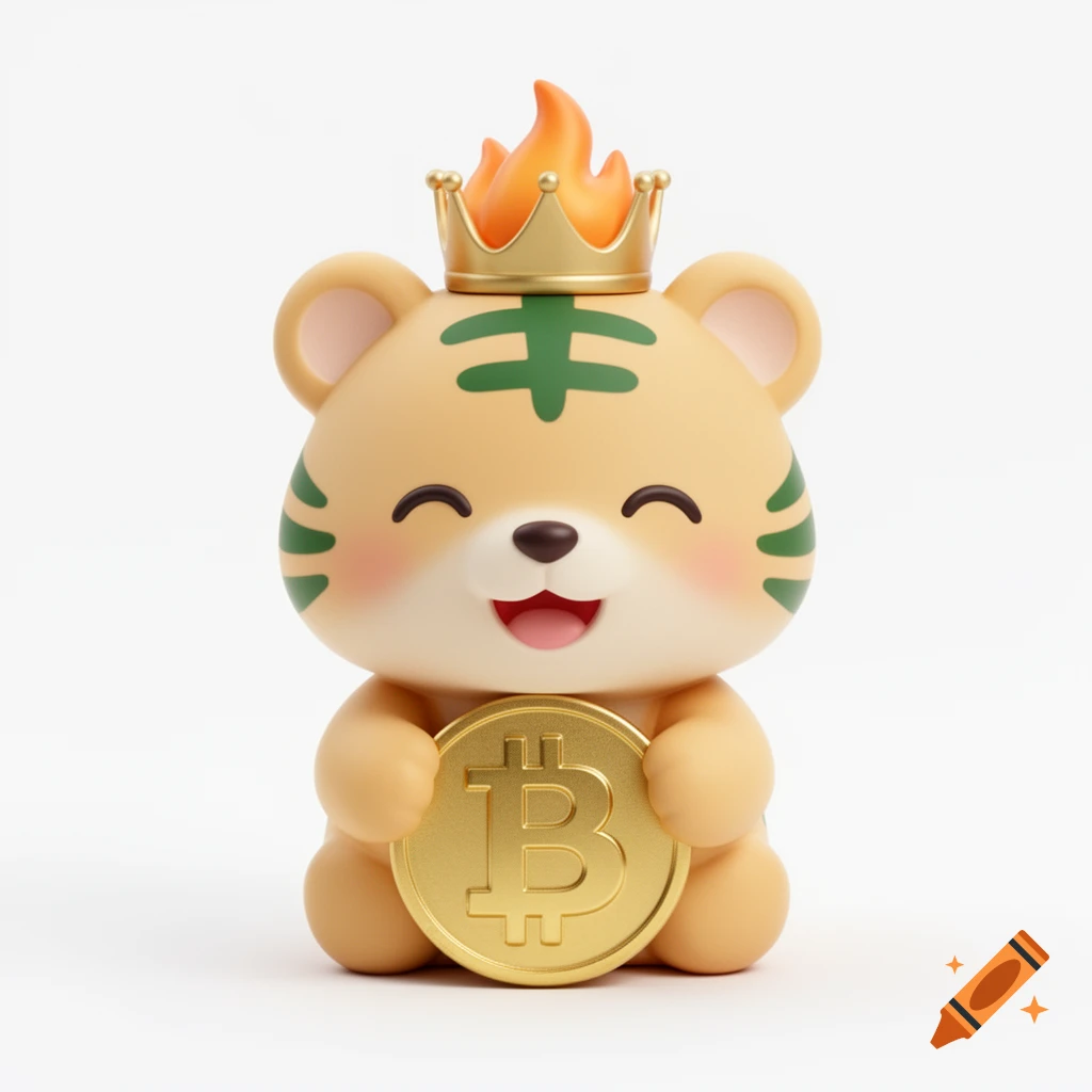 A cute 3D baby tiger mascot with green stripes and a golden crown with orange flames, holding a shiny gold coin with a Bitcoin 'B' symbol, smiling on a white background.