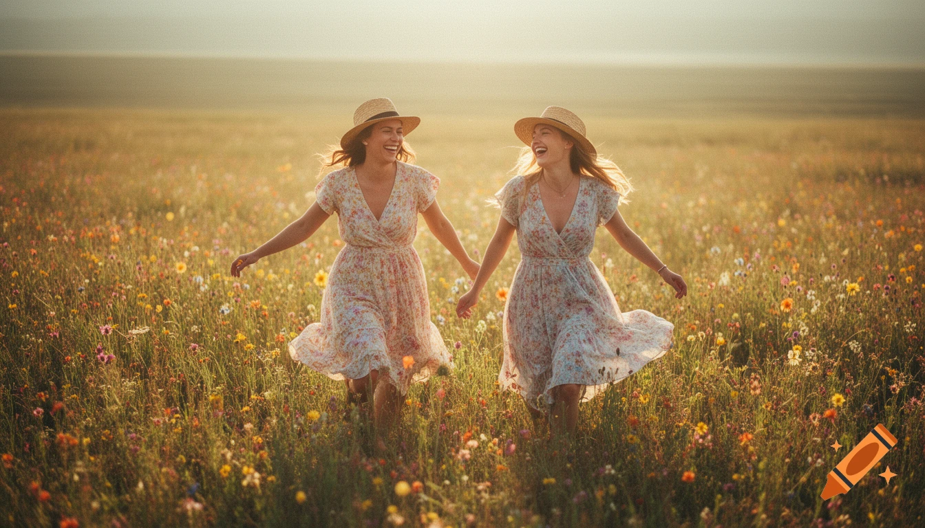 Two women in straw hats and floral dresses joyfully run through a sun-drenched wildflower field at golden hour.