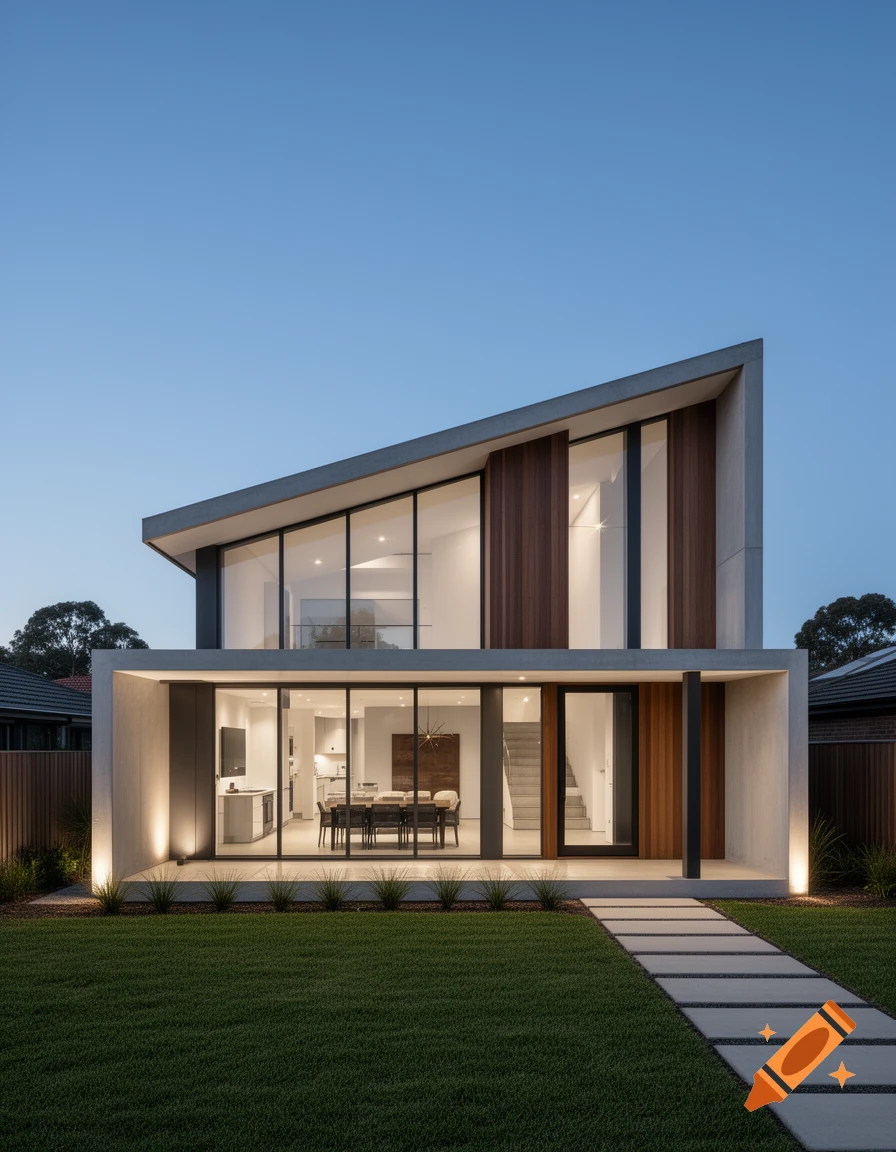 Photorealistic modern 2.5-story house with a sloped roof, large glass windows, wood accents, and warm evening lighting over a green lawn.