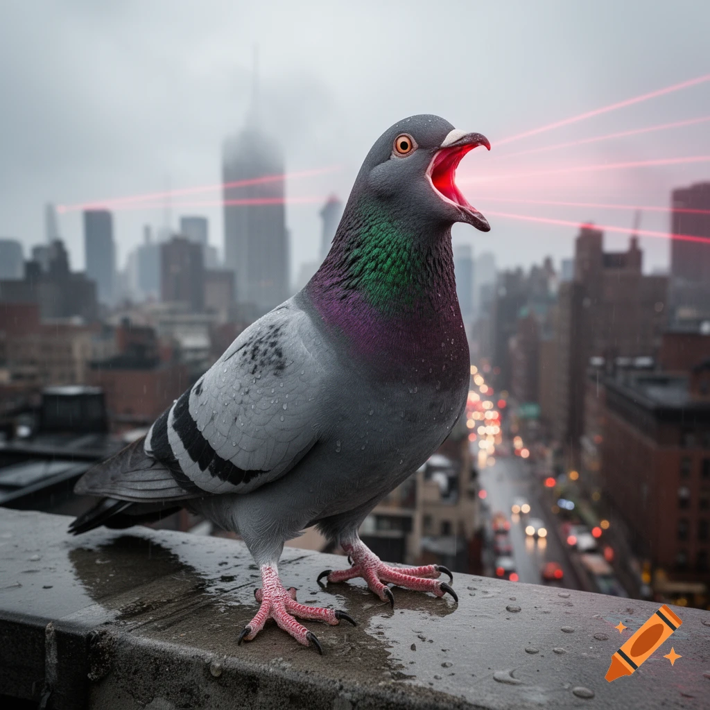 A photorealistic pigeon with an open red mouth and red lasers shooting from its eyes stands on a wet rooftop overlooking a city.