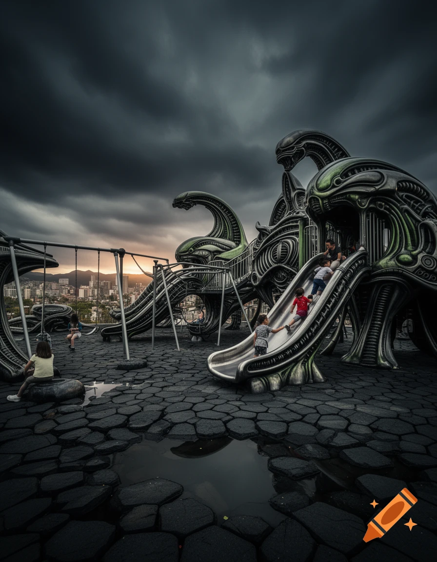 Children play on a surreal H.R. Giger-inspired playground with biomechanical structures under a dark, stormy sky.