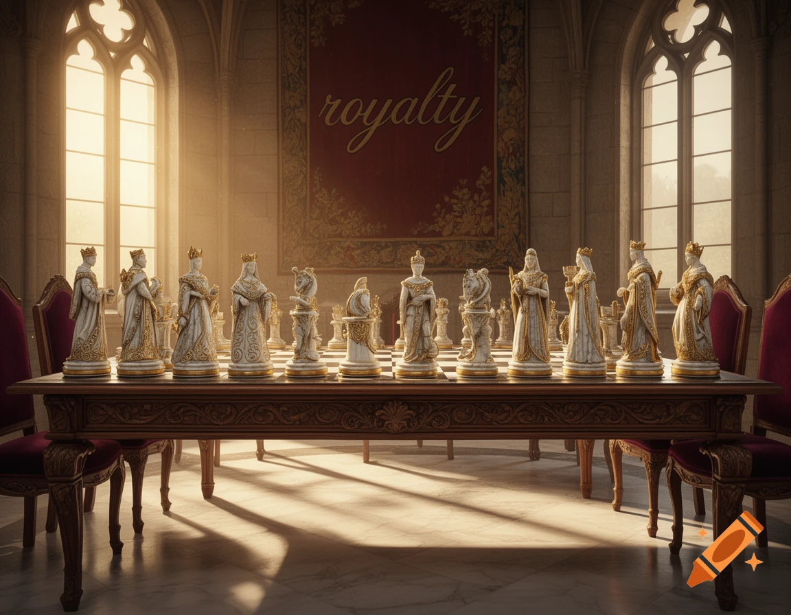 Ornate white and gold chess pieces on a table in a grand, sunlit stone hall with a 'royalty' banner on the wall.