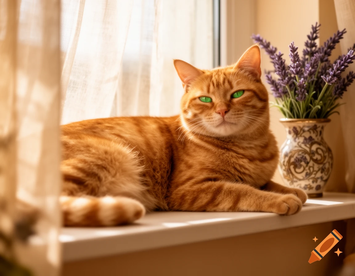An orange tabby cat with vibrant green eyes lies on a sunlit windowsill next to a vase of lavender flowers.