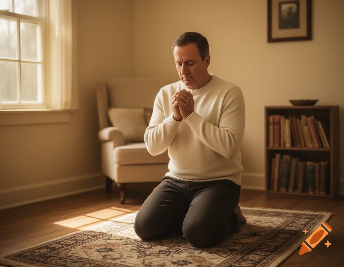 Photorealistic image of a man kneeling on a patterned rug, hands clasped in prayer, in a warmly lit room near a window.